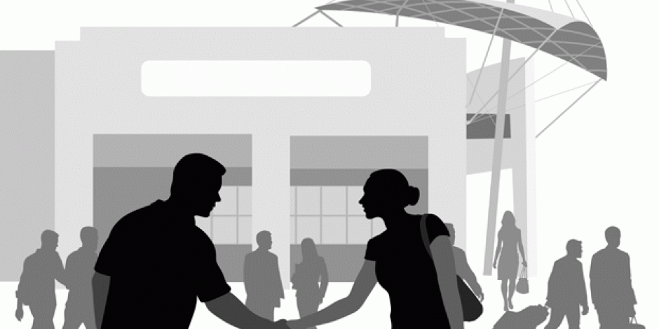 Illustration: Treffen vor einem Gebäude